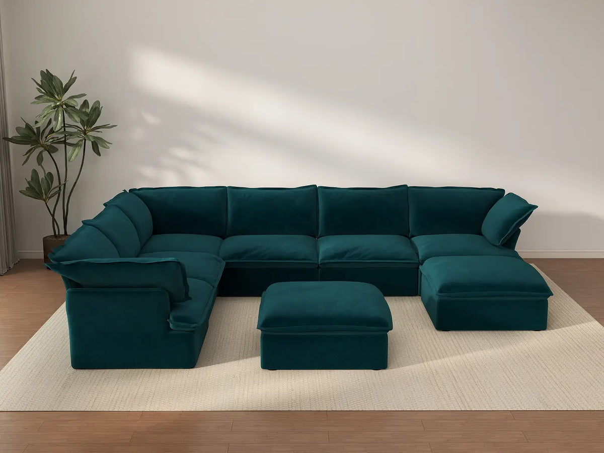 Sofá Deluxe Cloud de 6 plazas con estructura de madera | 8 piezas (incluye 2 otomanas), tela de terciopelo, otomana de almacenamiento