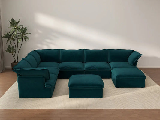 Deluxe Cloud 6-Seater Sofa with Wood Frame | 8-Piece (includes 2 ottomans), Velvet Fabric, Storage Ottoman