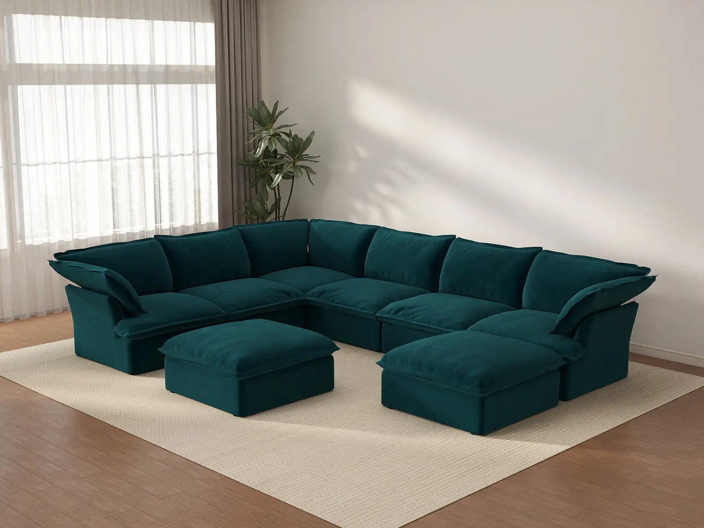 Sofá Deluxe Cloud de 6 plazas con estructura de madera | 8 piezas (incluye 2 otomanas), tela de terciopelo, otomana de almacenamiento