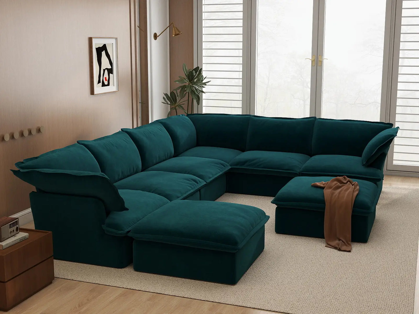 Sofá Deluxe Cloud de 6 plazas con estructura de madera | 8 piezas (incluye 2 otomanas), tela de terciopelo, otomana de almacenamiento