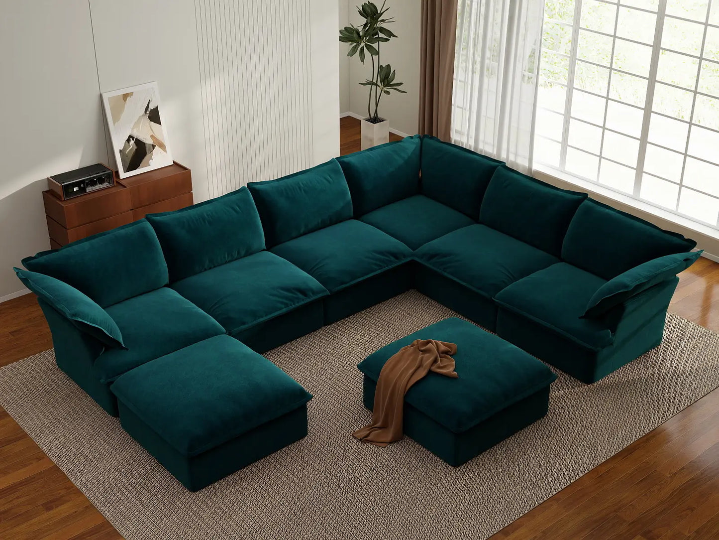 Sofá Deluxe Cloud de 6 plazas con estructura de madera | 8 piezas (incluye 2 otomanas), tela de terciopelo, otomana de almacenamiento