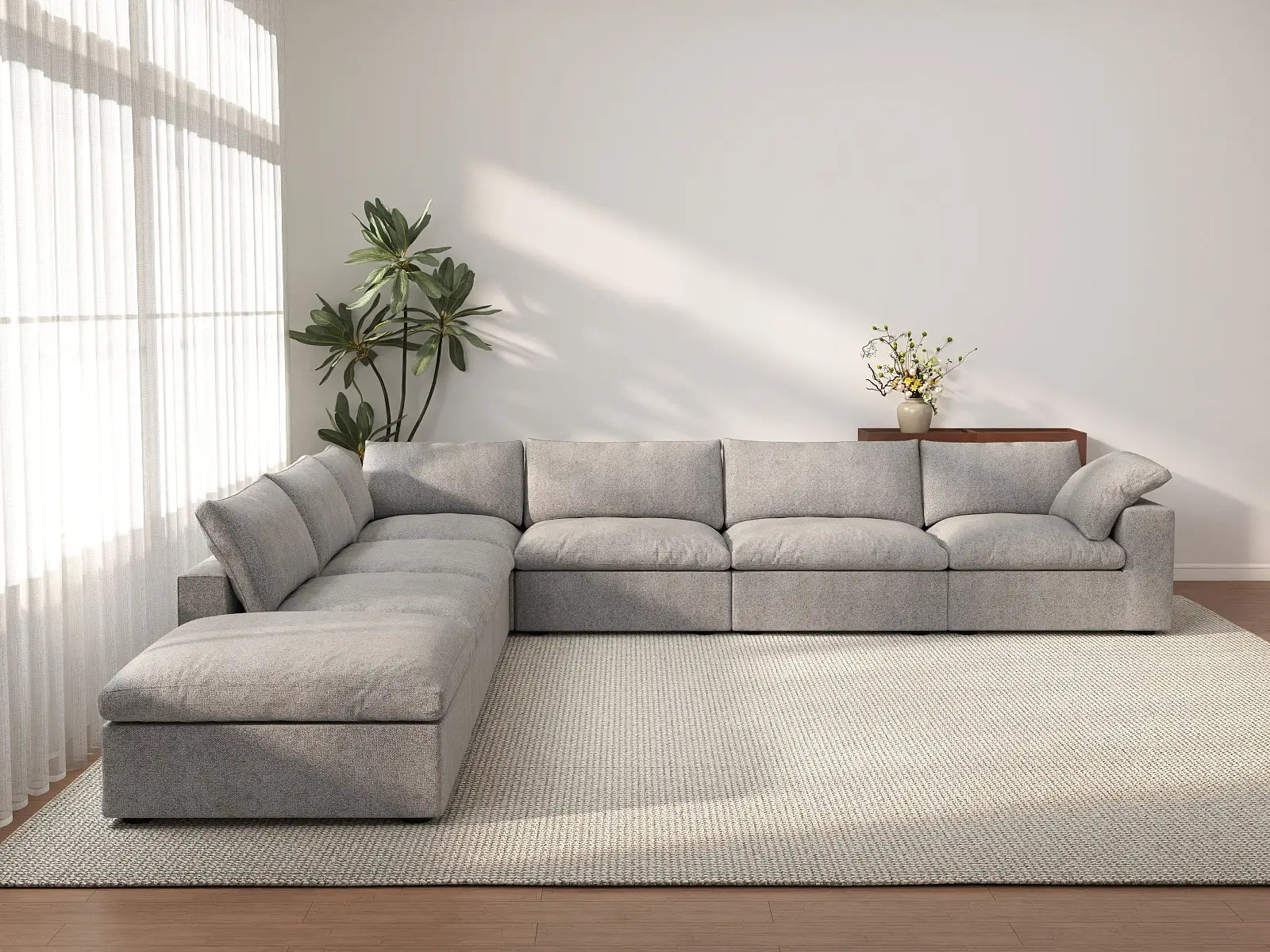 Deluxe Cloud 6-Seater V-Shaped Sectional in Light-Grey Cotton And Linen | 7-Piece (Includes 1 Ottoman), Living Room Seating, Easy To Clean, Stylish Design