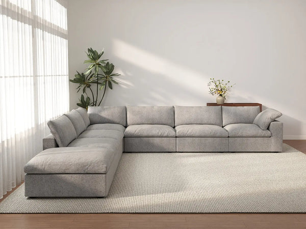 Deluxe Cloud 6-Seater V-Shaped Sectional in Light-Grey Cotton And Linen | 7-Piece (Includes 1 Ottoman), Living Room Seating, Easy To Clean, Stylish Design