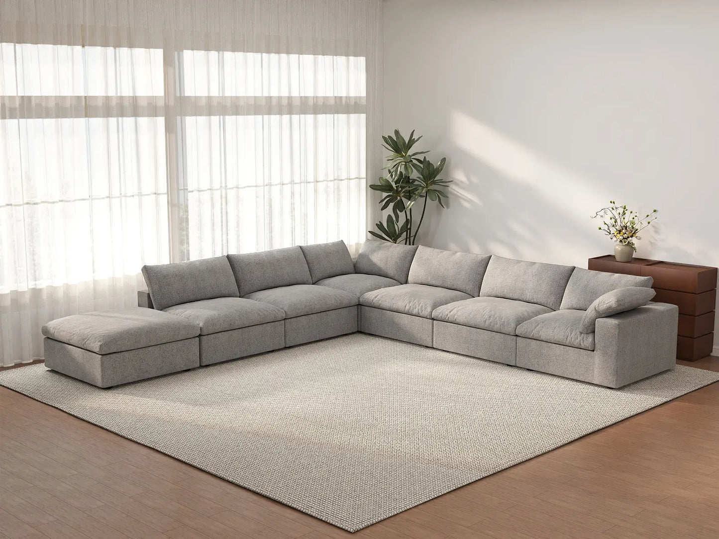 Deluxe Cloud 6-Seater V-Shaped Sectional in Light-Grey Cotton And Linen | 7-Piece (Includes 1 Ottoman), Living Room Seating, Easy To Clean, Stylish Design