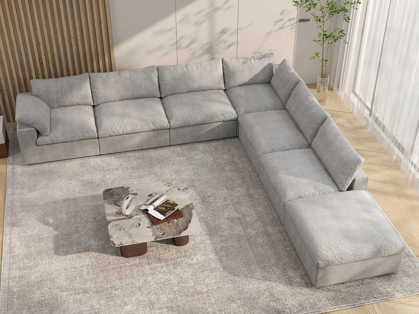 Deluxe Premium Cloud Sectional Sofa Covers | Light Grey Cotton and Linen Sofa Cover for 6-Seater with 1-Ottoman