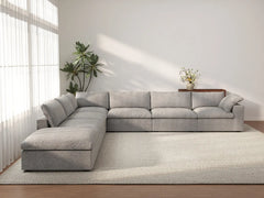 Deluxe Cloud 6-Seater V-Shaped Sectional in Light-Grey Cotton And Linen | 7-Piece (Includes 1 Ottoman), Living Room Seating, Easy To Clean, Stylish Design