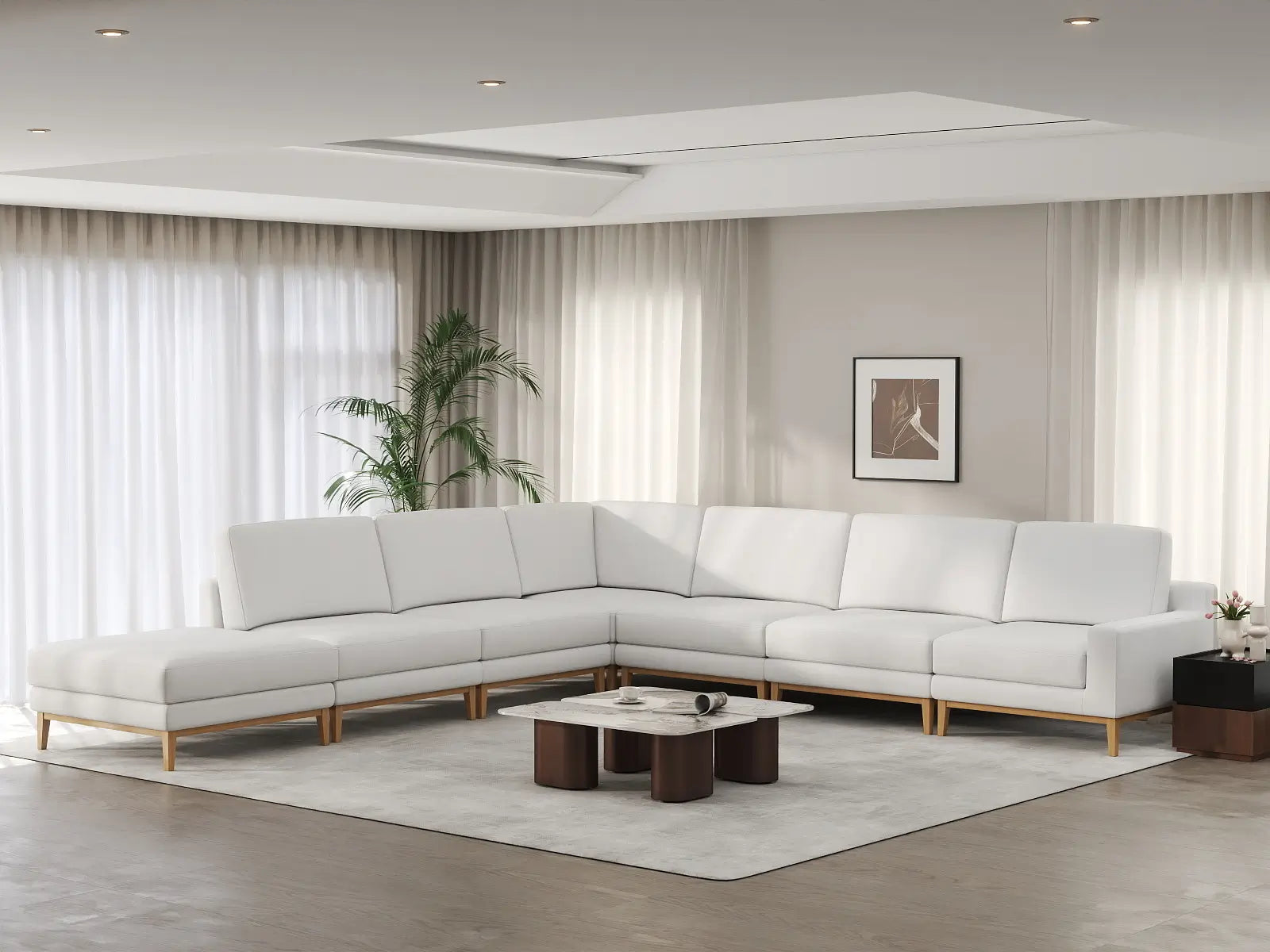 Deluxe Cloud 6-Seater White Large Space V-Shaped Sectional | 7-Piece (Includes 1 Ottoman), Linen Look Poly Fabric, Easy To Clean