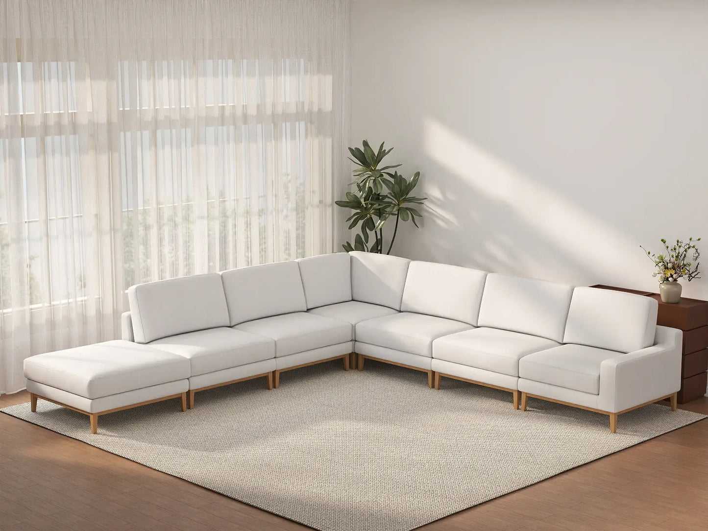 Deluxe Cloud 6-Seater White Large Space V-Shaped Sectional | 7-Piece (Includes 1 Ottoman), Linen Look Poly Fabric, Easy To Clean