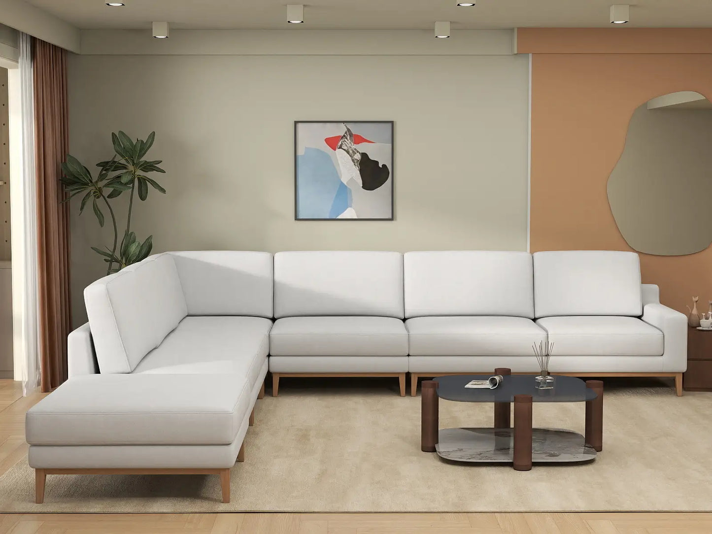 Deluxe Cloud 6-Seater White Large Space V-Shaped Sectional | 7-Piece (Includes 1 Ottoman), Linen Look Poly Fabric, Easy To Clean
