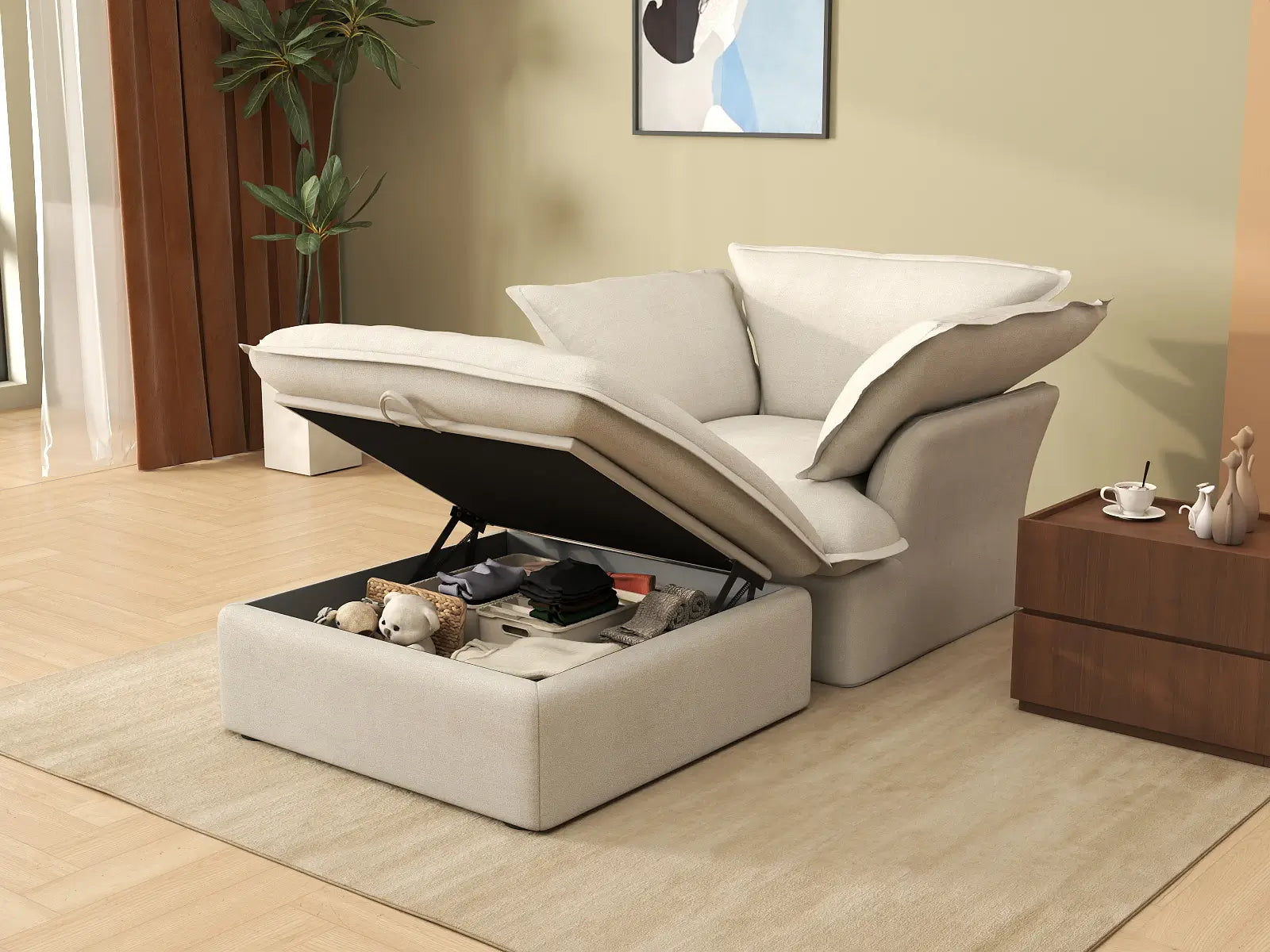 Deluxe Cloud Beige 1-Seater Dual-Armrest Sofa | 2-Piece (includes 1 ottoman), Linen and Cotton Fabric, Storage Ottoman