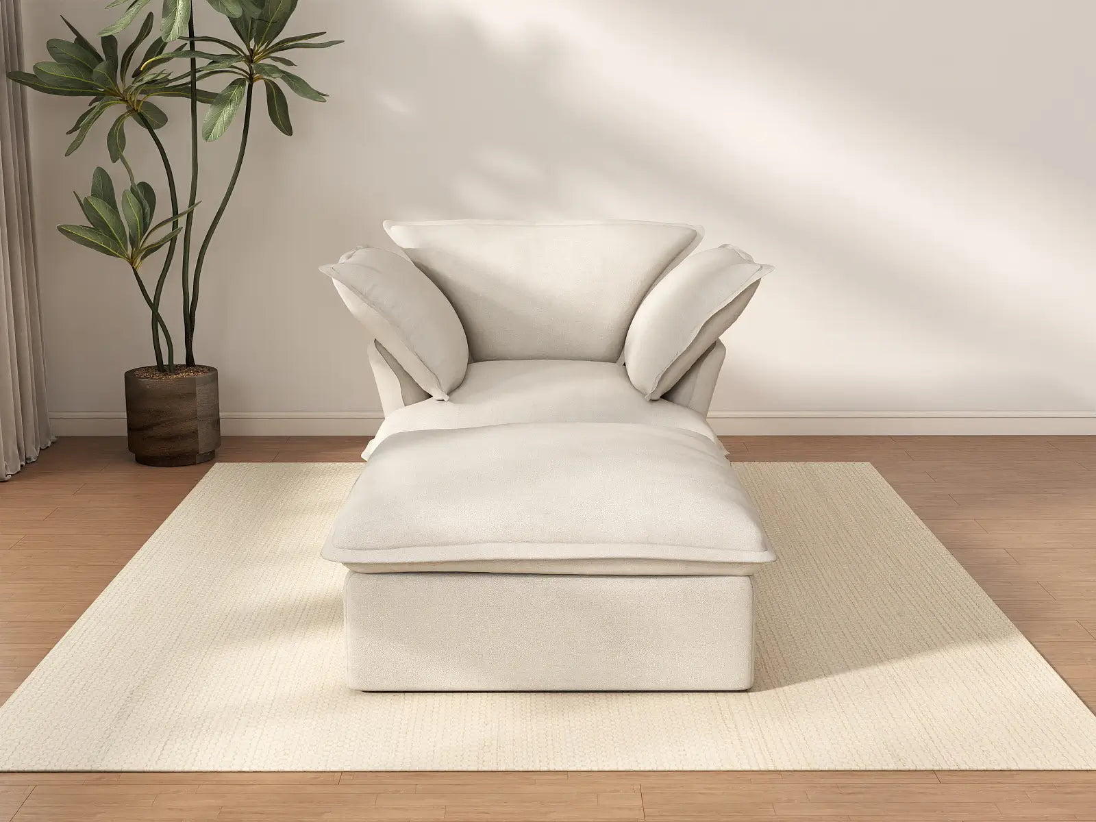 Deluxe Cloud Beige 1-Seater Dual-Armrest Sofa | 2-Piece (includes 1 ottoman), Linen and Cotton Fabric, Storage Ottoman
