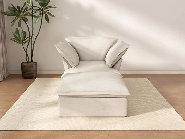 Deluxe Cloud Beige 1-Seater Dual-Armrest Sofa | 2-Piece (includes 1 ottoman), Linen and Cotton Fabric, Storage Ottoman