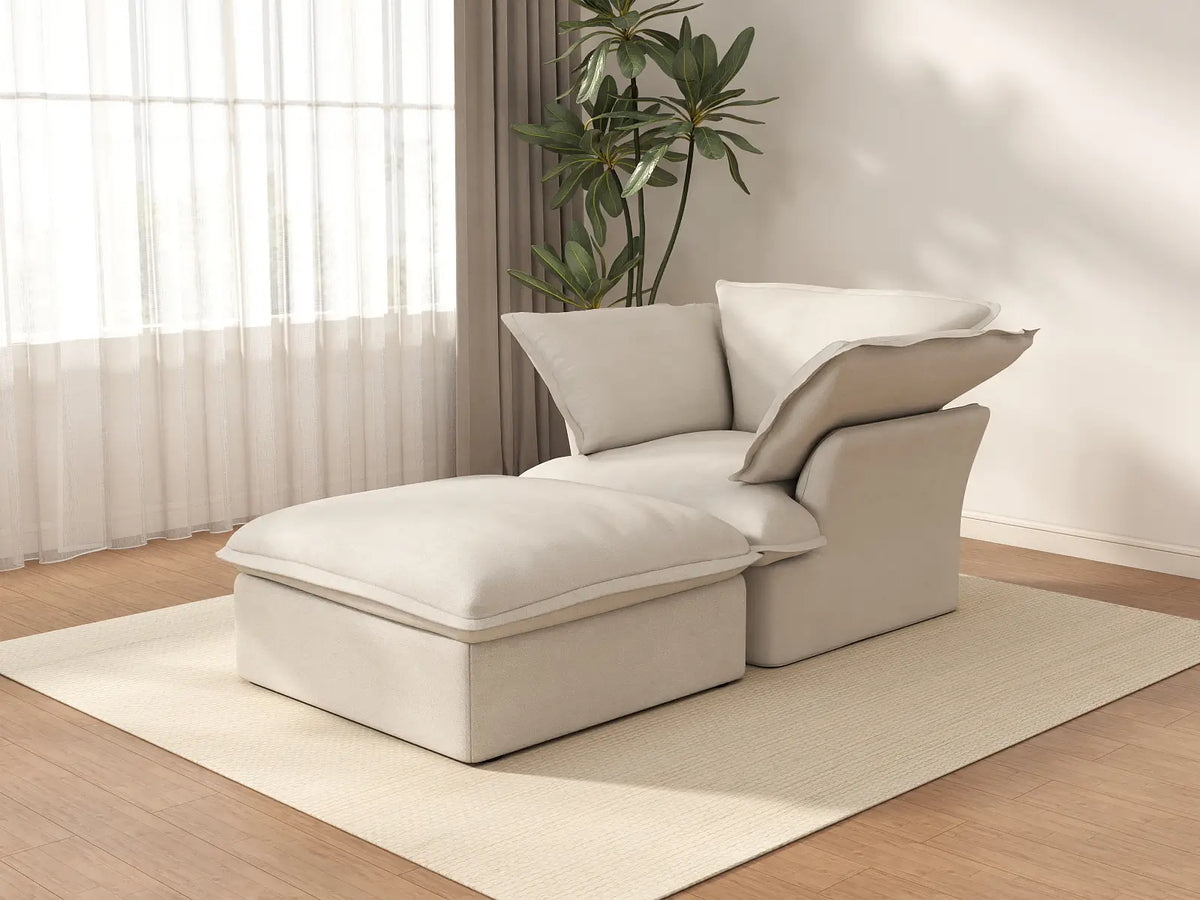 Sofá de dos brazos Deluxe Cloud Beige de 1 plaza | 2 piezas (incluye 1 otomana), tela de lino y algodón, otomana con almacenaje