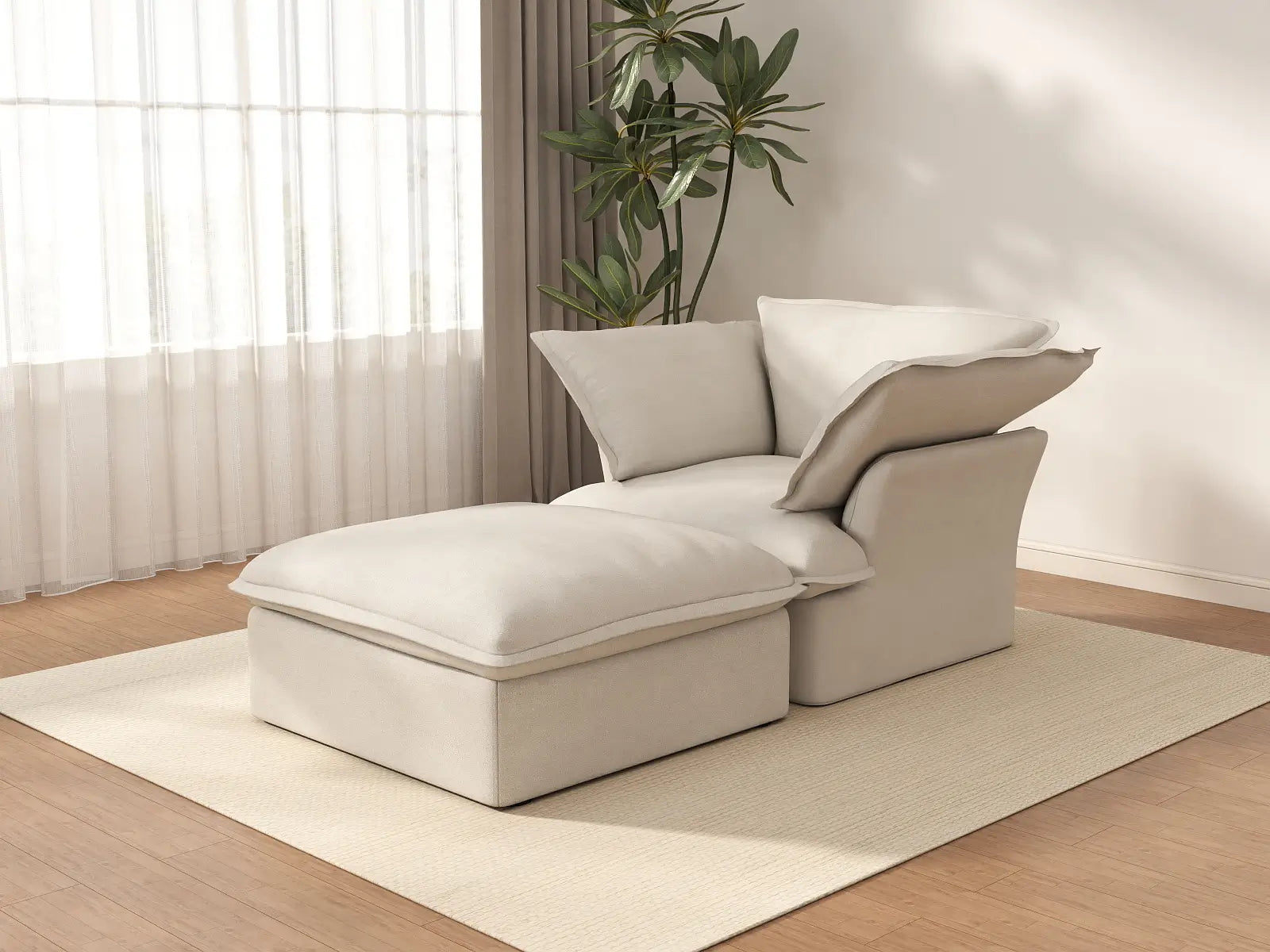 Deluxe Cloud Beige 1-Seater Dual-Armrest Sofa | 2-Piece (includes 1 ottoman), Linen and Cotton Fabric, Storage Ottoman