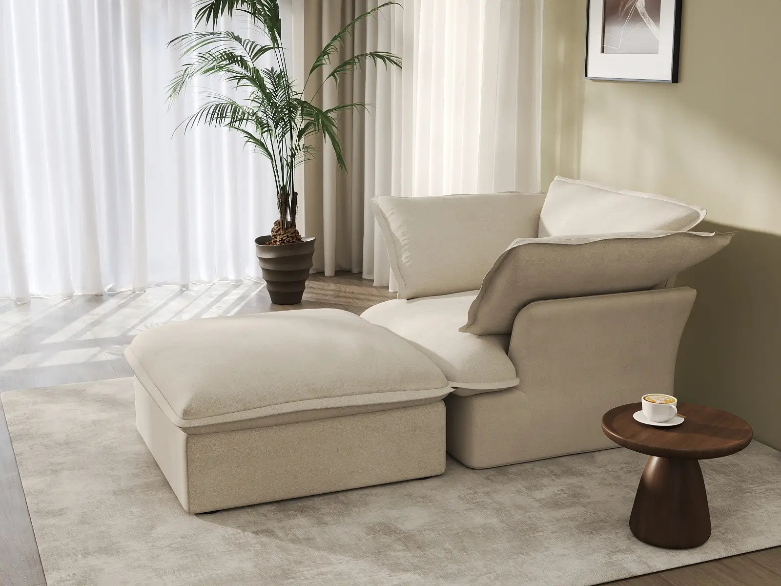 Deluxe Cloud Beige 1-Seater Dual-Armrest Sofa | 2-Piece (includes 1 ottoman), Linen and Cotton Fabric, Storage Ottoman