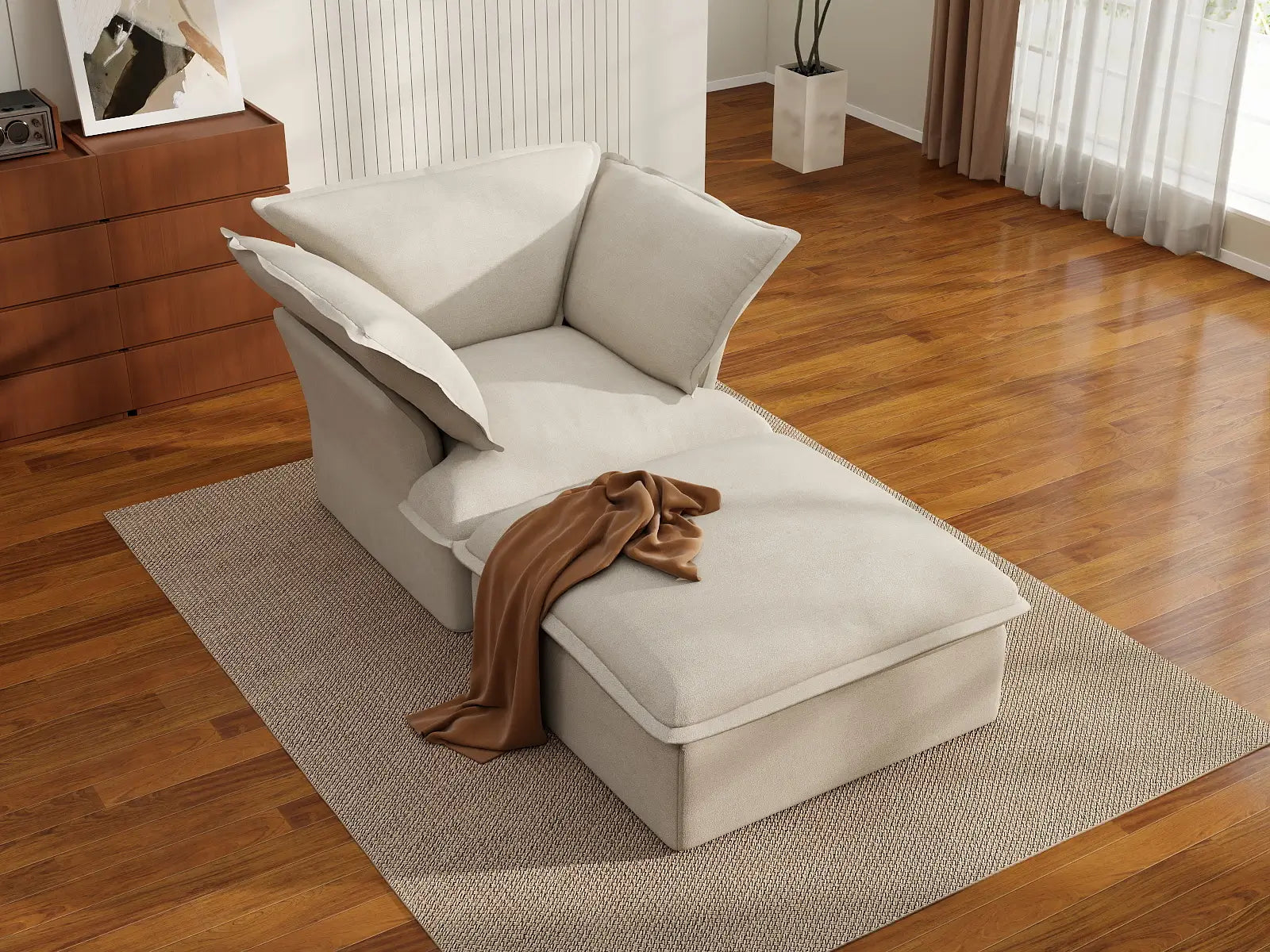 Deluxe Linen Cloud Sectional Sofas Covers | Beige Linen and Cotton Sofa Cover for 1-Seater with 1-Ottoman