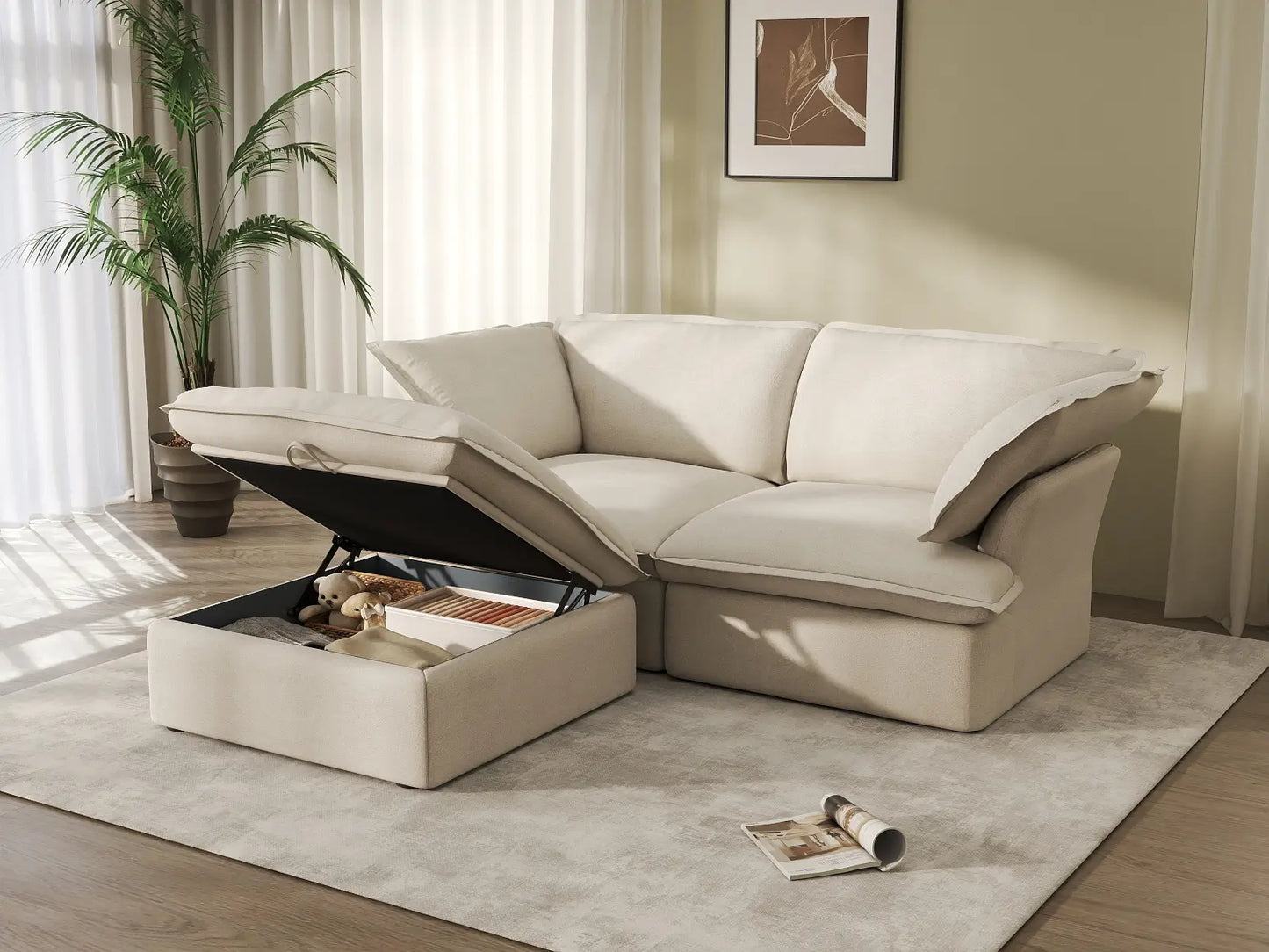 Sofá esquinero de 2 plazas Deluxe Cloud Beige para espacios pequeños | 3 piezas (incluye 1 otomana), tela de lino y algodón, otomana con almacenaje