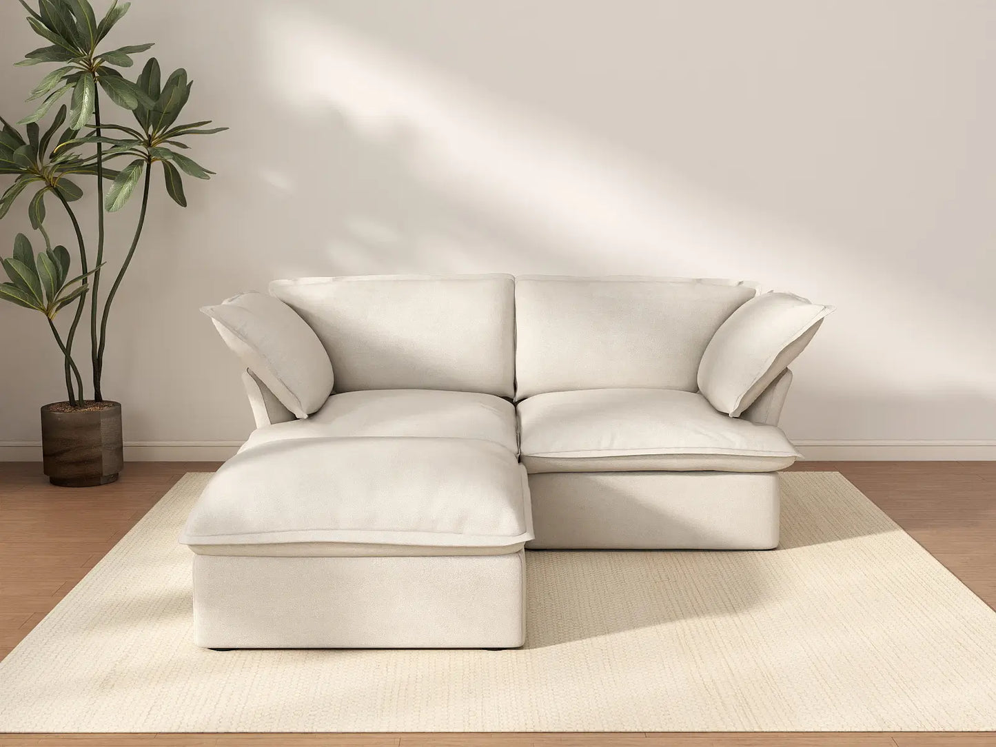 Sofá esquinero de 2 plazas Deluxe Cloud Beige para espacios pequeños | 3 piezas (incluye 1 otomana), tela de lino y algodón, otomana con almacenaje