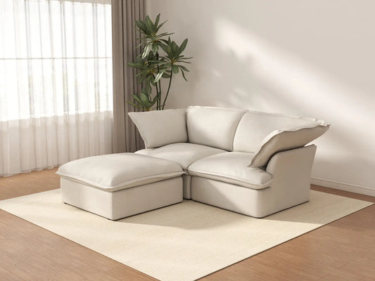 Sofá esquinero de 2 plazas Deluxe Cloud Beige para espacios pequeños | 3 piezas (incluye 1 otomana), tela de lino y algodón, otomana con almacenaje