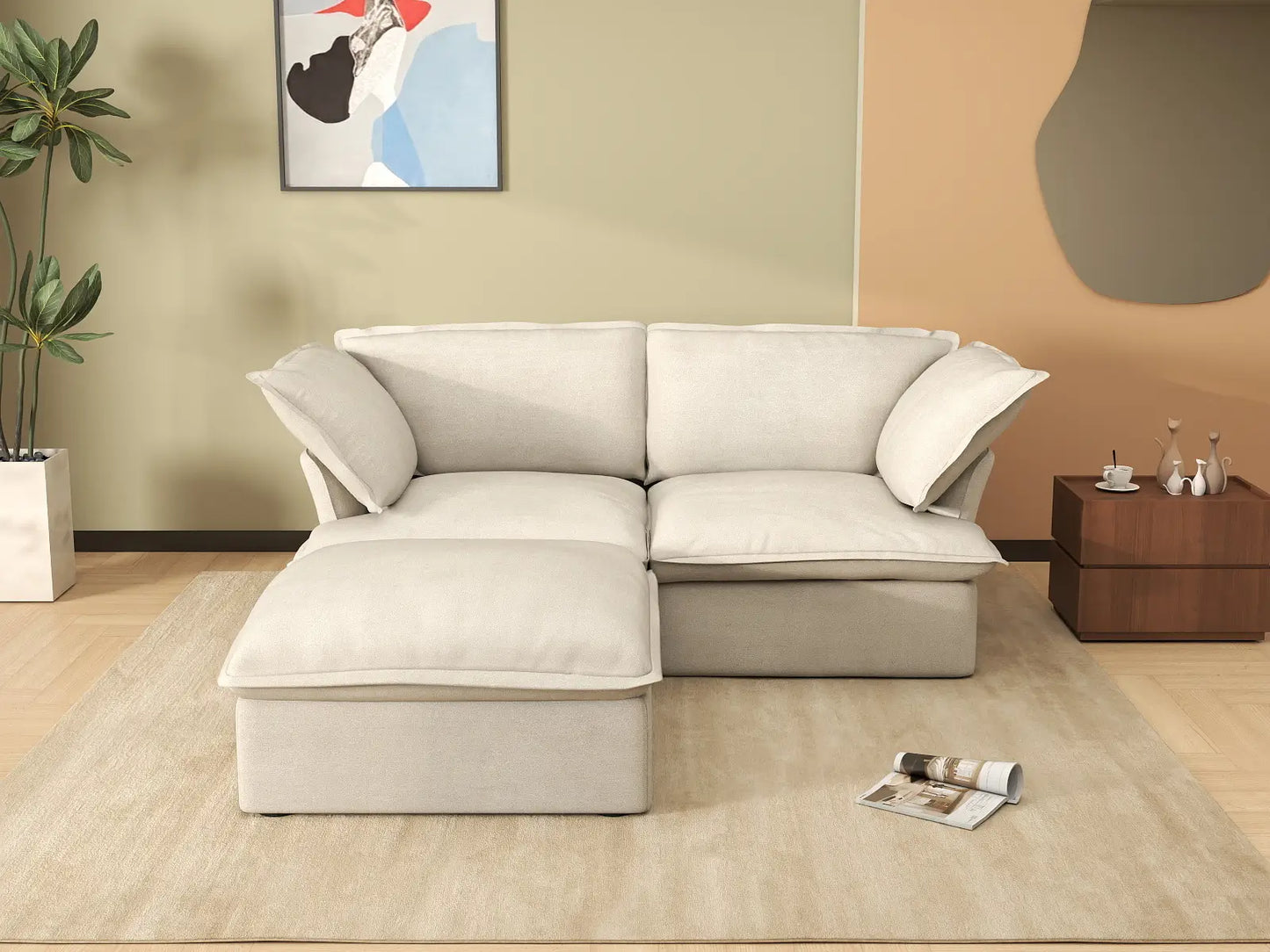 Sofá esquinero de 2 plazas Deluxe Cloud Beige para espacios pequeños | 3 piezas (incluye 1 otomana), tela de lino y algodón, otomana con almacenaje