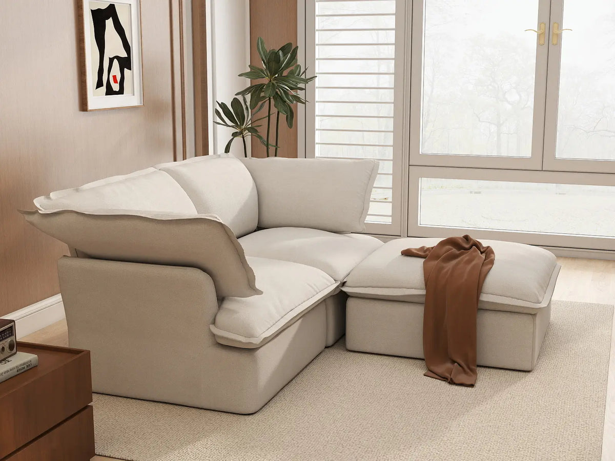 Deluxe Linen Cloud Sectional Sofas Covers | Beige Linen and Cotton Sofa Cover for 2-Seater with 1-Ottoman