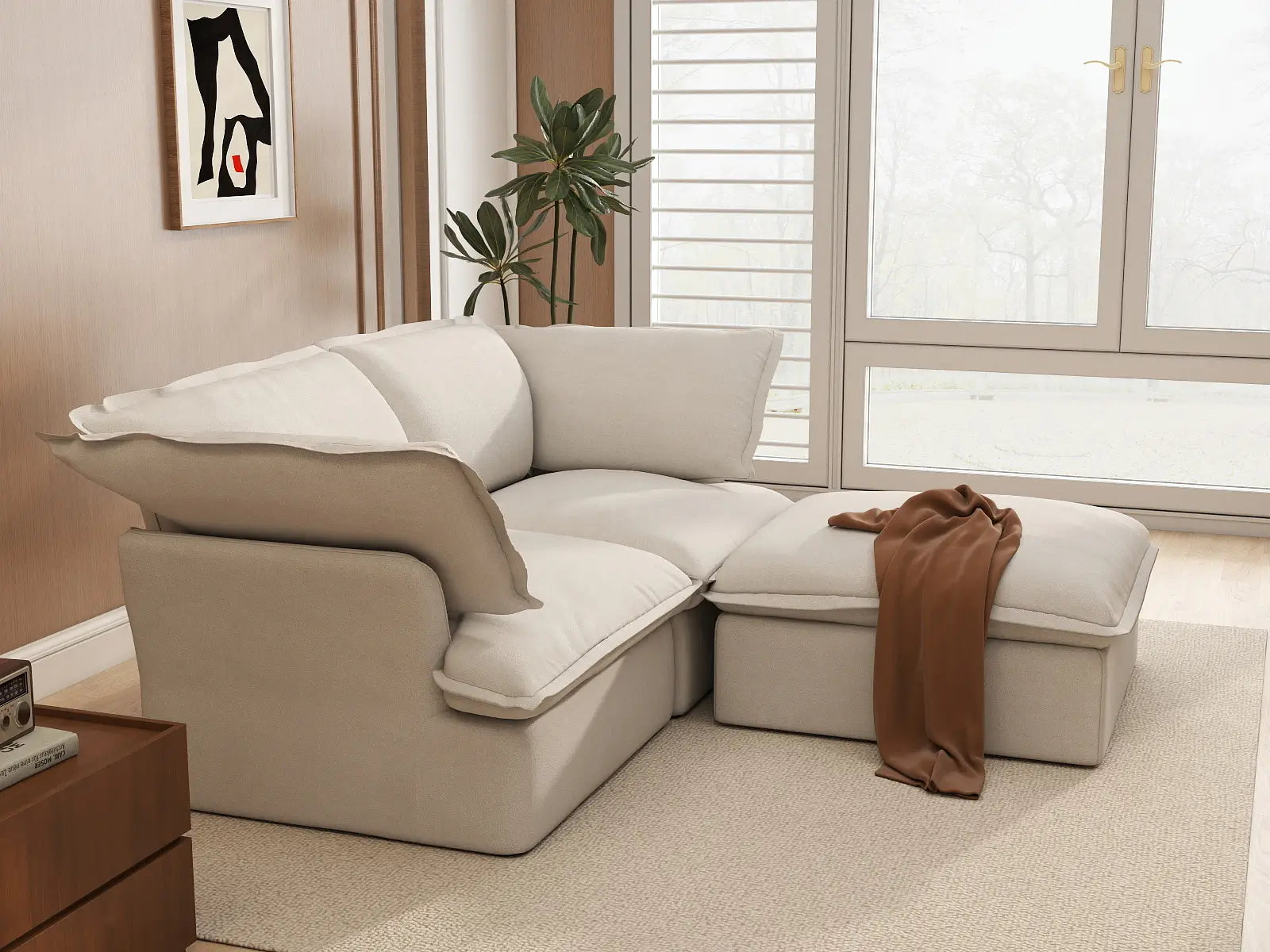 Deluxe Cloud Beige 2-Seater Chaise Sectional Small Space | 3-Piece (includes 1 ottoman), Linen and Cotton Fabric, Storage Ottoman