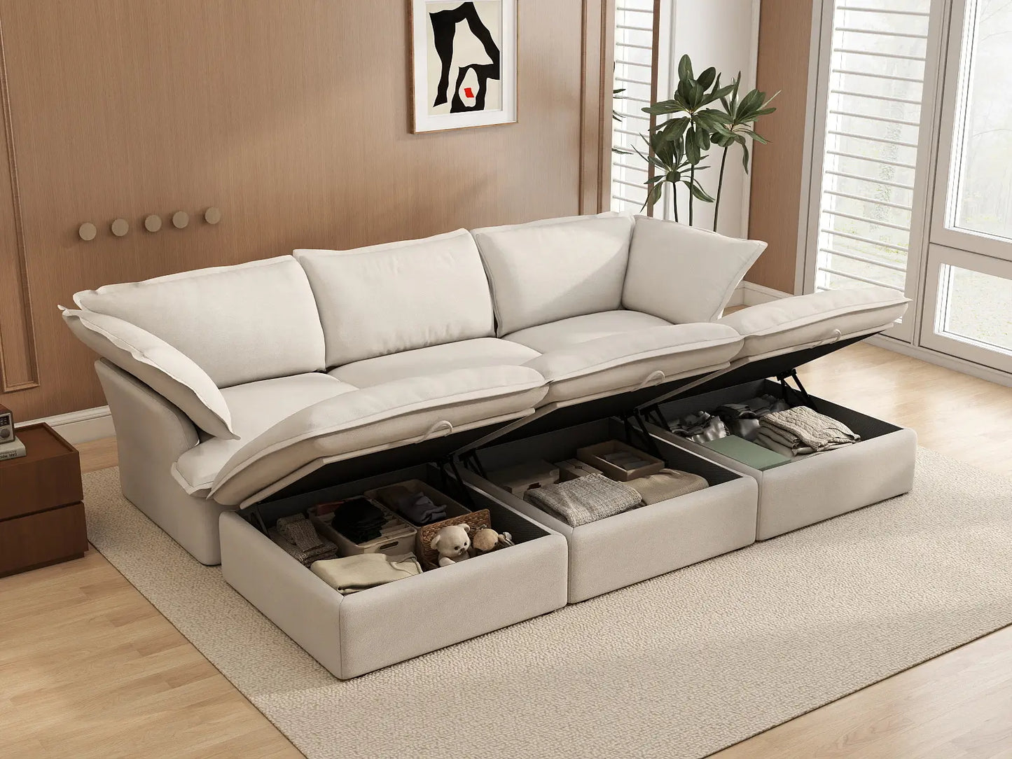 Deluxe Cloud Beige 3-Seater Modular Sofa | 6-Piece (includes 3 ottomans), Linen and Cotton Fabric, Storage Ottoman