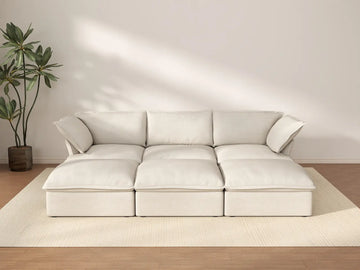 Deluxe Cloud Beige 3-Seater Modular Sofa | 6-Piece (includes 3 ottomans), Linen and Cotton Fabric, Storage Ottoman