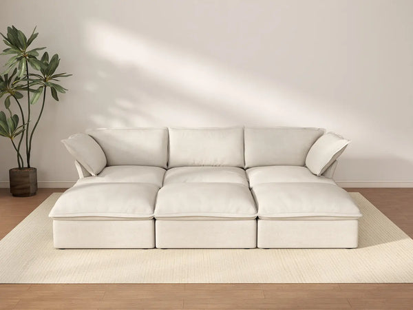 Deluxe Cloud Beige 3-Seater Modular Sofa | 6-Piece (includes 3 ottomans), Linen and Cotton Fabric, Storage Ottoman