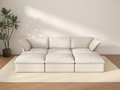Deluxe Cloud Beige 3-Seater Modular Sofa | 6-Piece (includes 3 ottomans), Linen and Cotton Fabric, Storage Ottoman