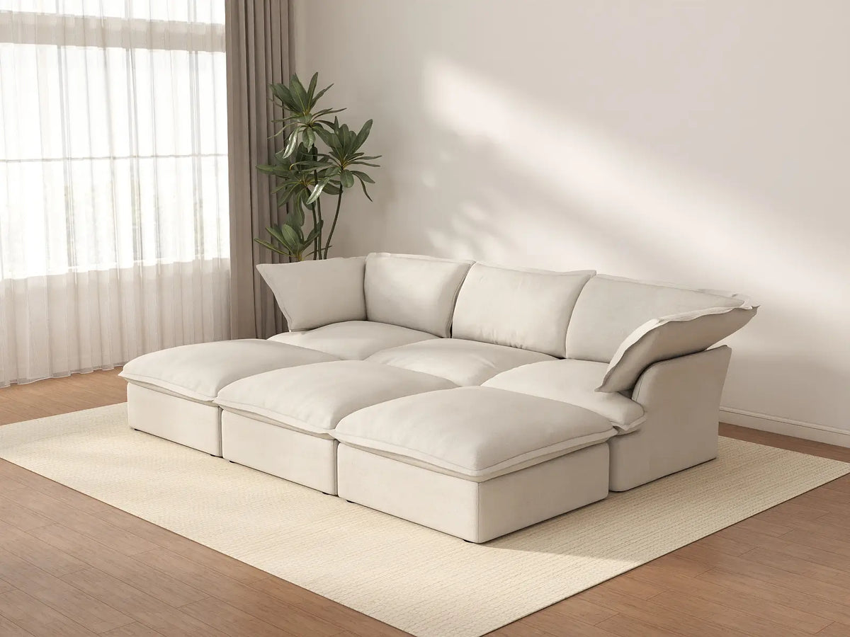 Deluxe Cloud Beige 3-Seater Modular Sofa | 6-Piece (includes 3 ottomans), Linen and Cotton Fabric, Storage Ottoman
