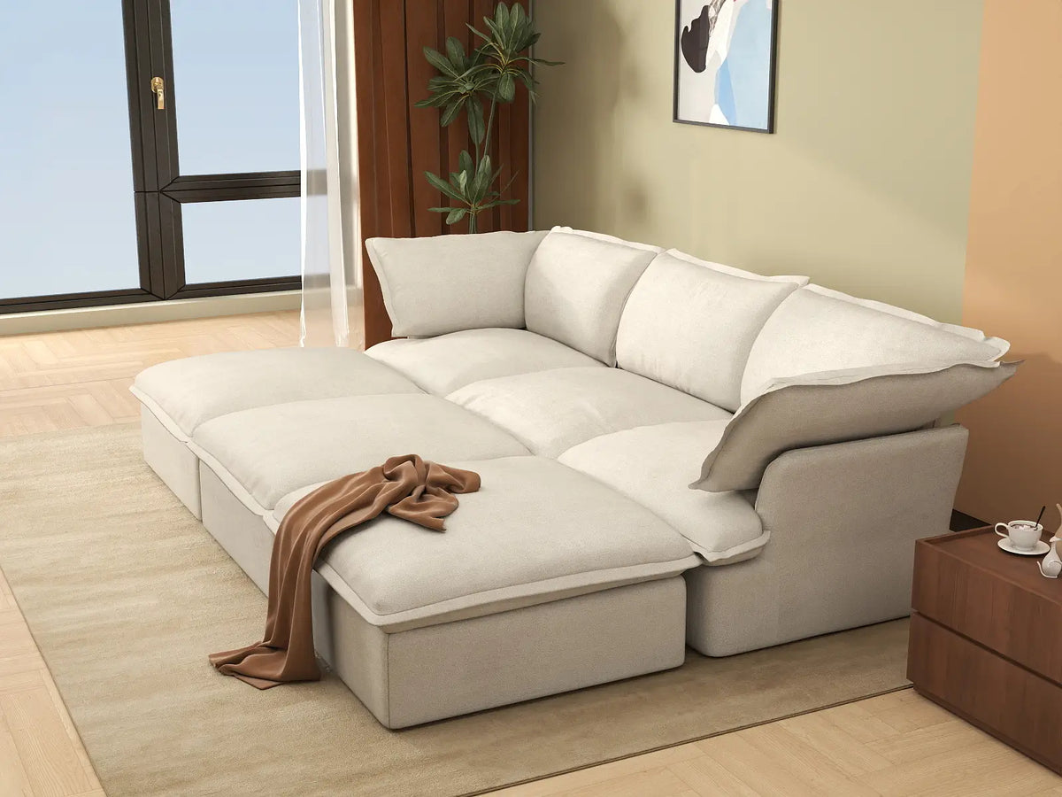 Deluxe Linen Cloud Sectional Sofas Covers | Beige Linen and Cotton Sofa Cover for 3-Seater with 3-Ottoman