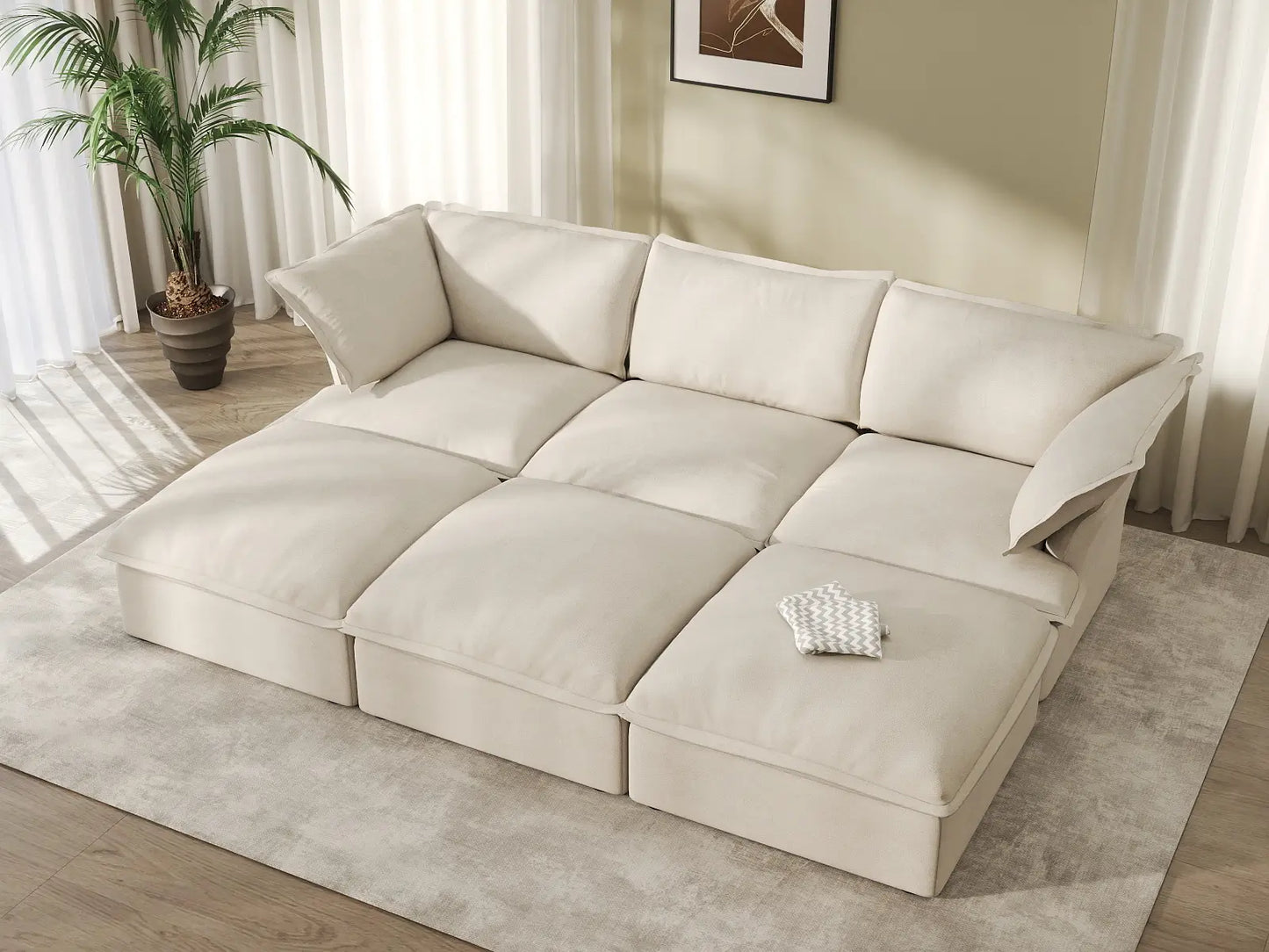 Deluxe Cloud Beige 3-Seater Modular Sofa | 6-Piece (includes 3 ottomans), Linen and Cotton Fabric, Storage Ottoman