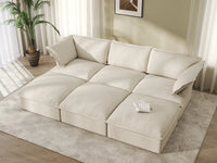 Deluxe Cloud Beige 3-Seater Modular Sofa | 6-Piece (includes 3 ottomans), Linen and Cotton Fabric, Storage Ottoman