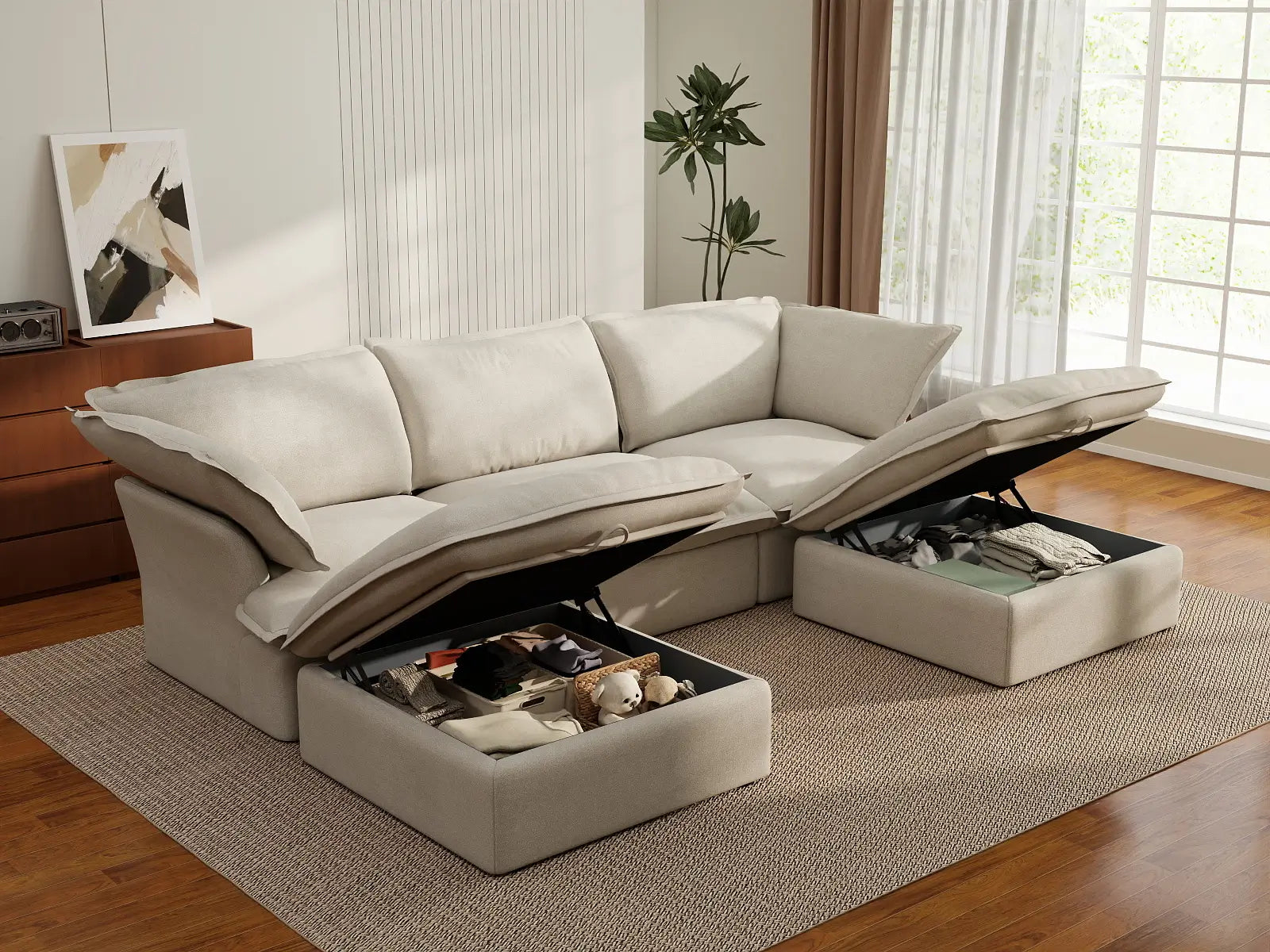 Deluxe Cloud Beige 3-Seater U-Shaped Sectional | 5-Piece (includes 2 ottomans), Linen and Cotton Fabric, Storage Ottoman
