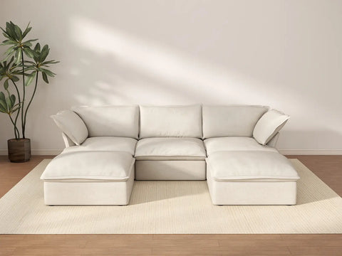 Deluxe Cloud Beige 3-Seater U-Shaped Sectional | 5-Piece (includes 2 ottomans), Linen and Cotton Fabric, Storage Ottoman