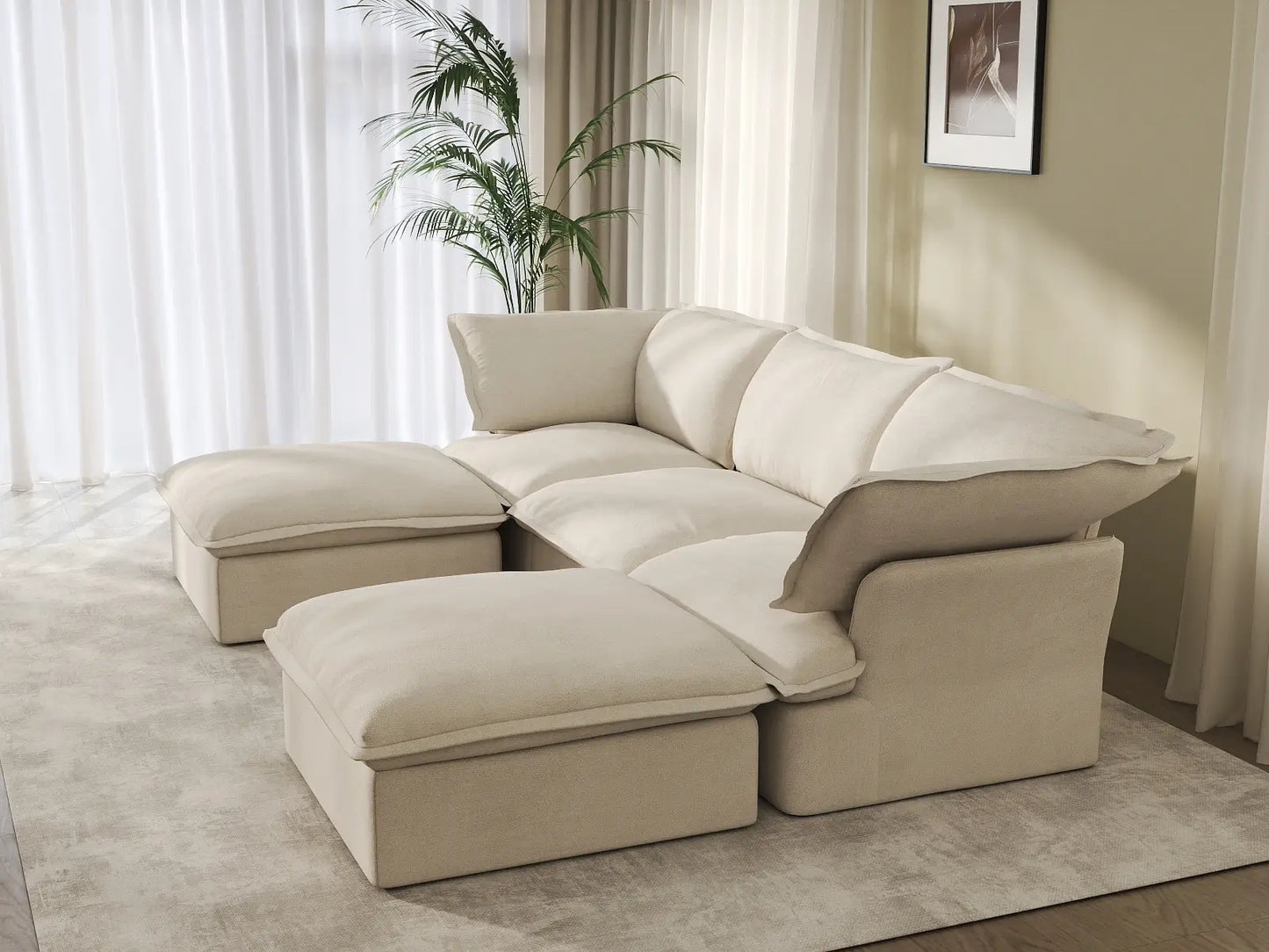 Deluxe Linen Cloud Sectional Sofas Covers | Beige Linen and Cotton Sofa Cover for 3-Seater with 2-Ottoman