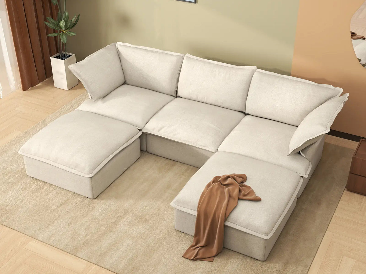 Deluxe Linen Cloud Sectional Sofas Covers | Beige Linen and Cotton Sofa Cover for 3-Seater with 2-Ottoman