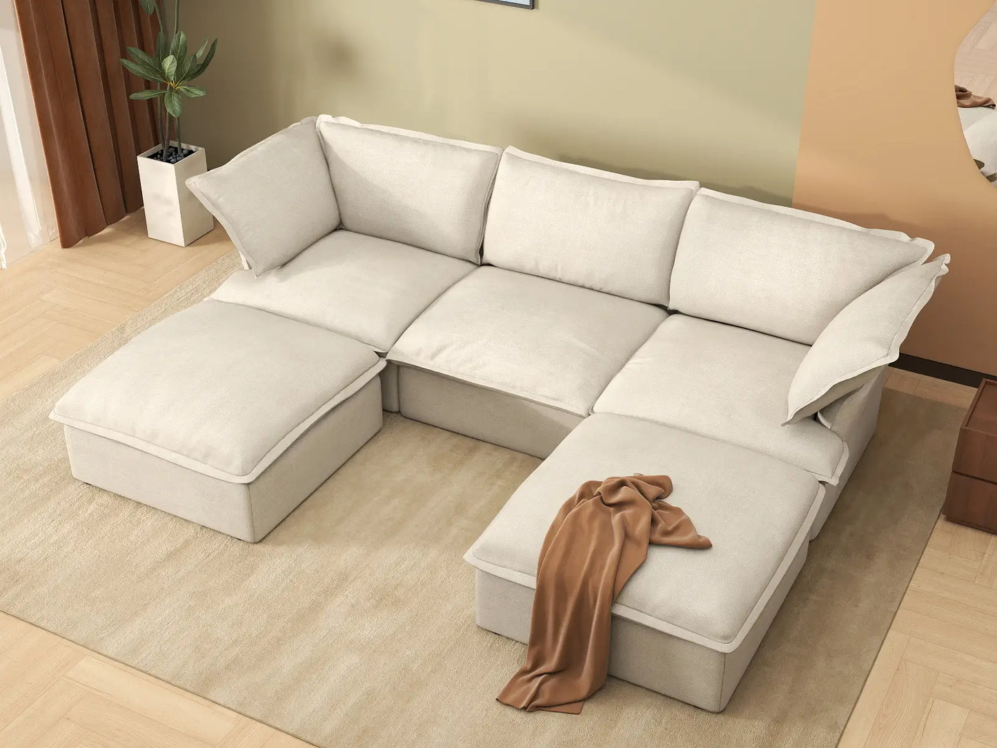 Deluxe Linen Cloud Sectional Sofas Covers | Beige Linen and Cotton Sofa Cover for 3-Seater with 2-Ottoman