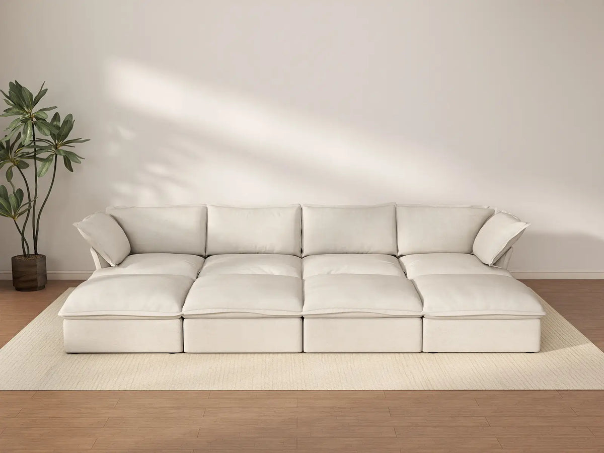 Deluxe Cloud Beige 4-Seater Pit Sectional with Storage | 8-Piece (includes 4 ottomans), Linen and Cotton Fabric, Washable Covers