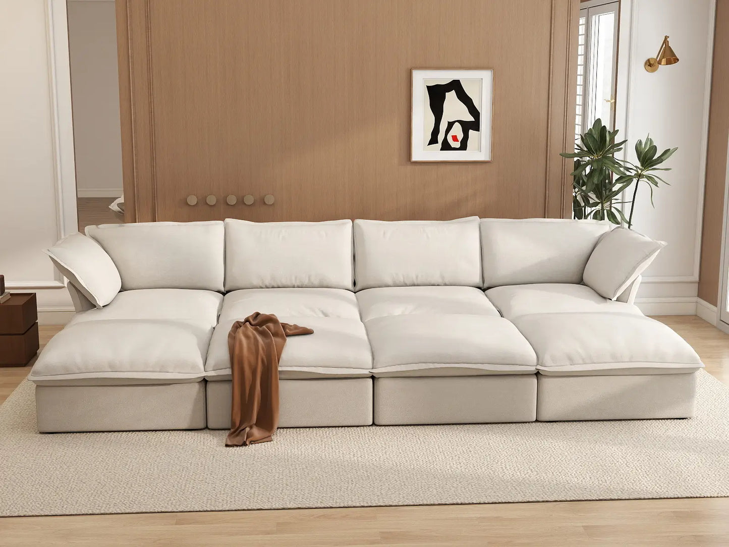 Deluxe Cloud Beige 4-Seater Pit Sectional with Storage | 8-Piece (includes 4 ottomans), Linen and Cotton Fabric, Washable Covers