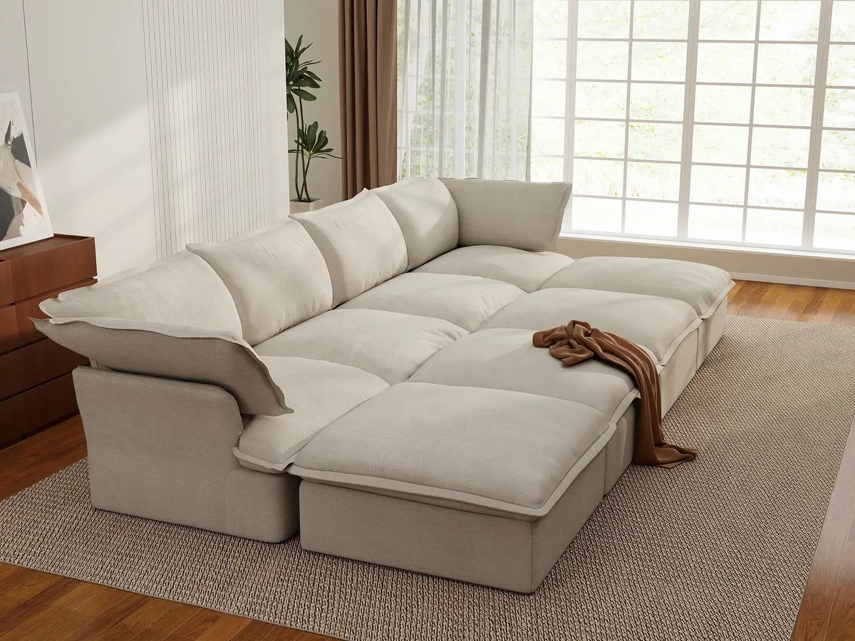 Deluxe Cloud Beige 4-Seater Pit Sectional with Storage | 8-Piece (includes 4 ottomans), Linen and Cotton Fabric, Washable Covers