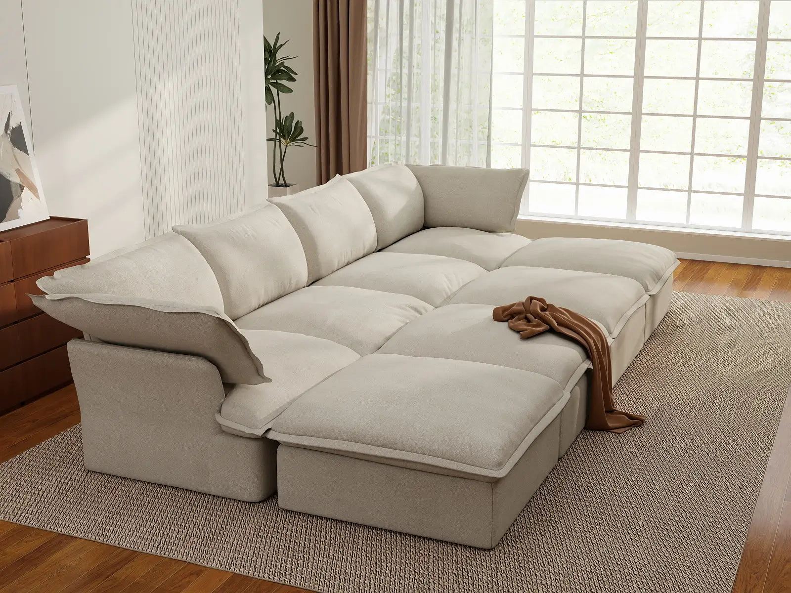 Deluxe Linen Cloud Sectional Sofas Covers | Beige Linen and Cotton Sofa Cover for 4-Seater with 4-Ottoman
