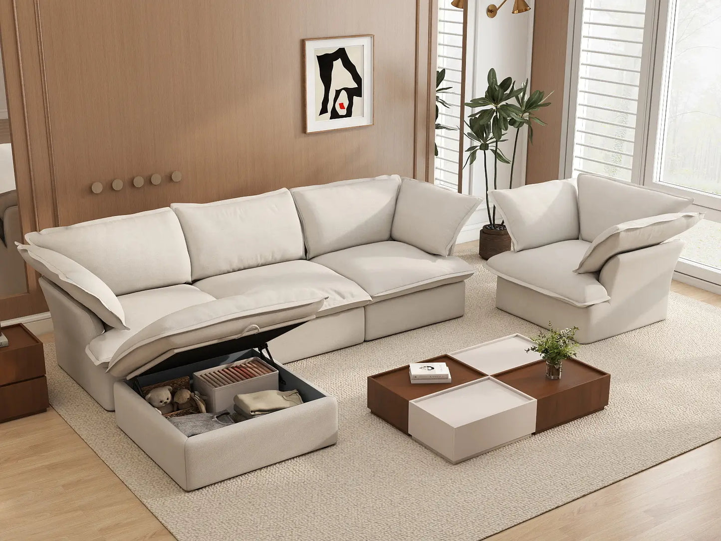 Deluxe Cloud Beige 4-Seater Sofa with Storage | 5-Piece (includes 1 ottoman), Linen and Cotton Fabric, Washable Covers