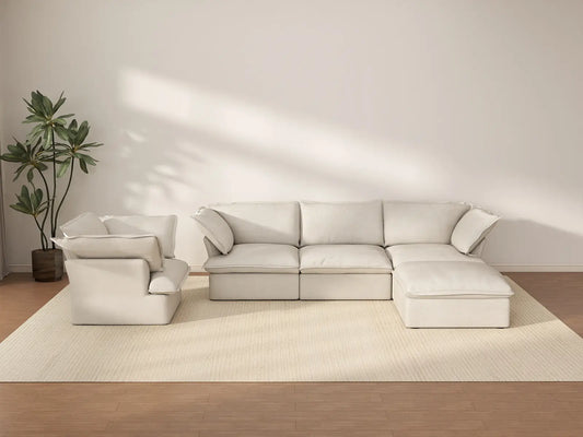Deluxe Cloud Beige 4-Seater Sofa with Storage | 5-Piece (includes 1 ottoman), Linen and Cotton Fabric, Washable Covers