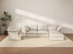 Deluxe Cloud Beige 4-Seater Sofa with Storage | 5-Piece (includes 1 ottoman), Linen and Cotton Fabric, Washable Covers
