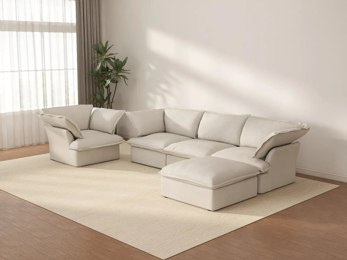 Deluxe Cloud Beige 4-Seater Sofa with Storage | 5-Piece (includes 1 ottoman), Linen and Cotton Fabric, Washable Covers