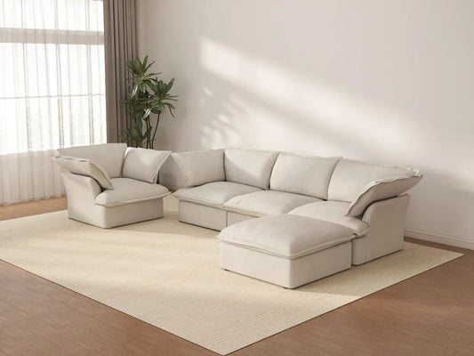 Deluxe Cloud Beige 4-Seater Sofa with Storage | 5-Piece (includes 1 ottoman), Linen and Cotton Fabric, Washable Covers