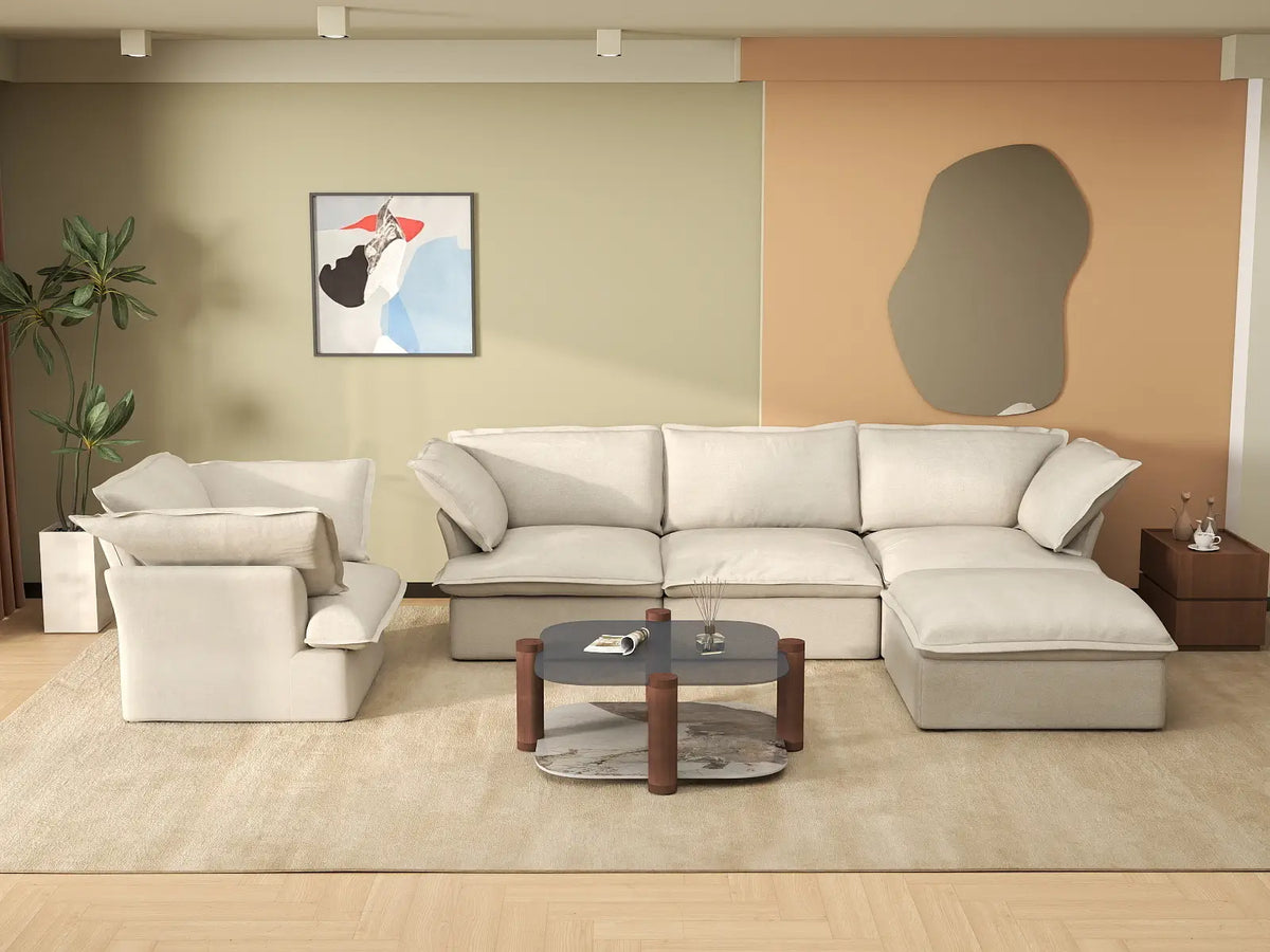 Deluxe Cloud Beige 4-Seater Sofa with Storage | 5-Piece (includes 1 ottoman), Linen and Cotton Fabric, Washable Covers