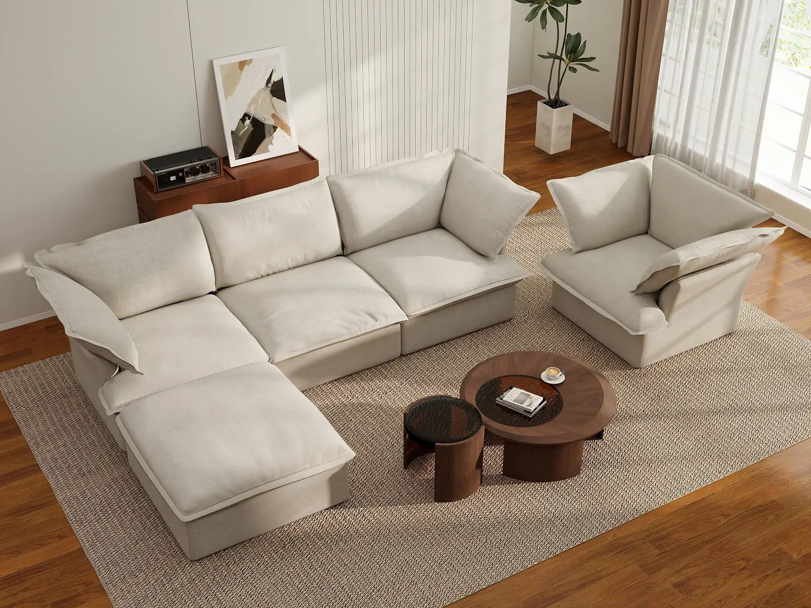 Deluxe Linen Cloud Sectional Sofas Covers | Beige Linen and Cotton Sofa Cover for 4-Seater with 1-Ottoman